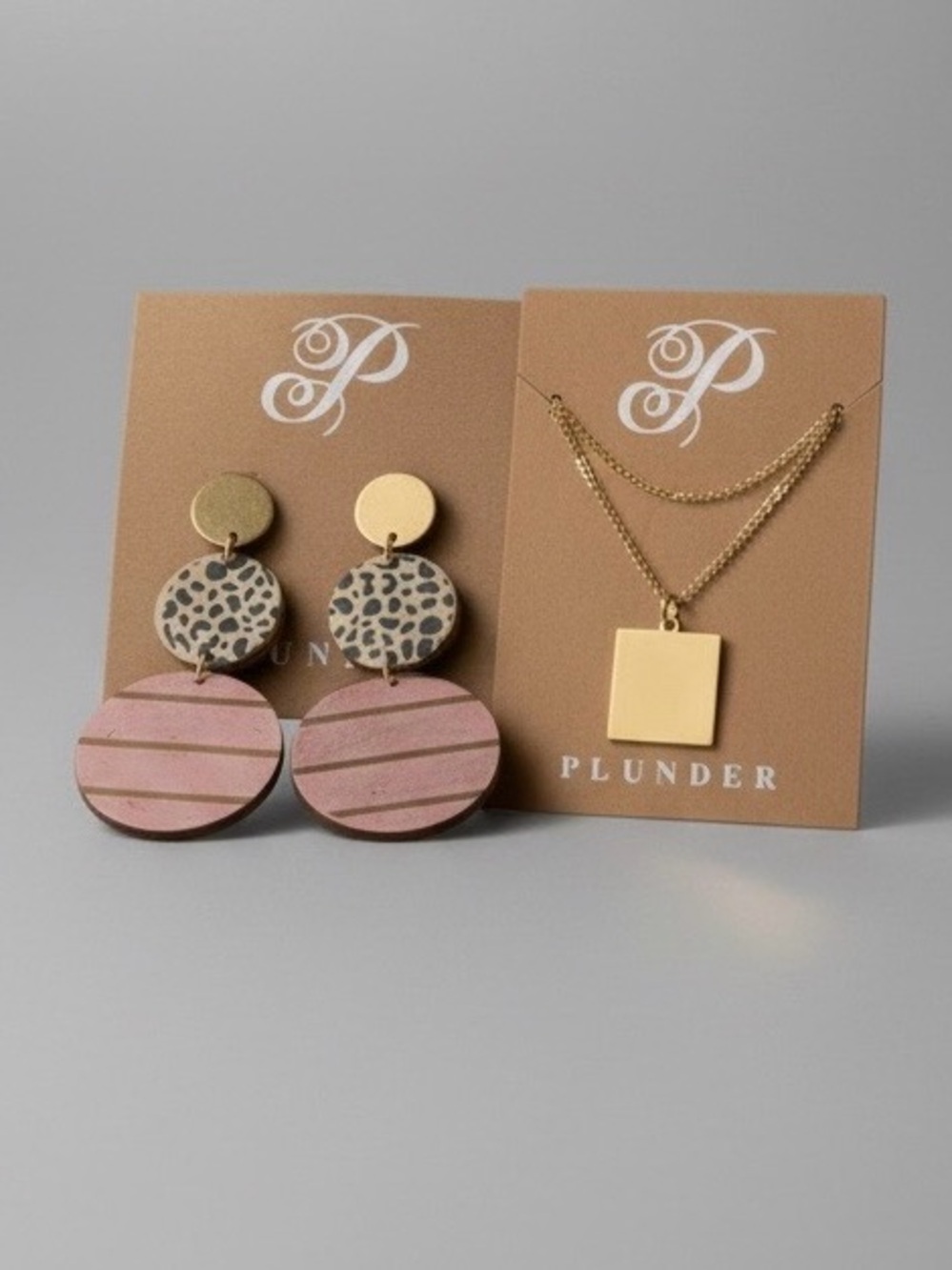 Plunder Gold Square Pendant Necklace & Pink Gold Stripe Leopard Drop Earring Set